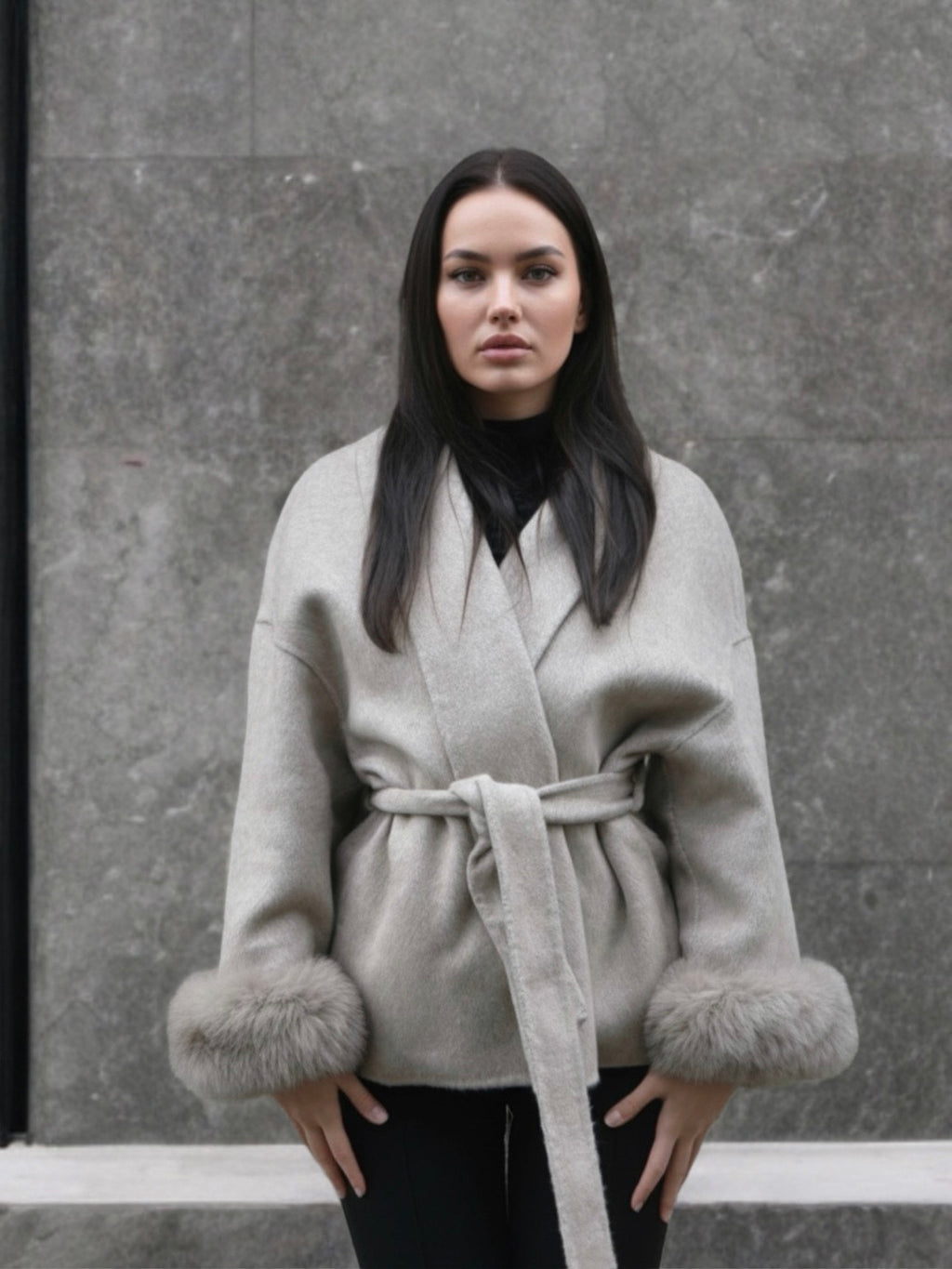 Elegancki krótki płaszcz z wełny z wykończeniem z lisa